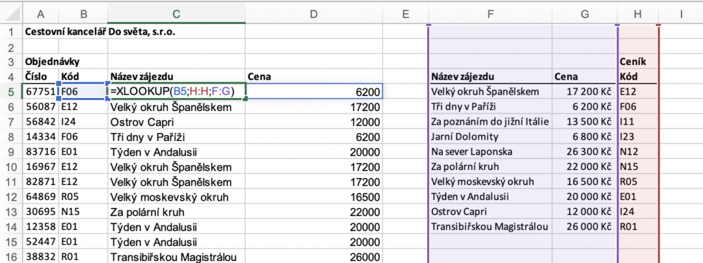 XLOOKUP více sloupečků